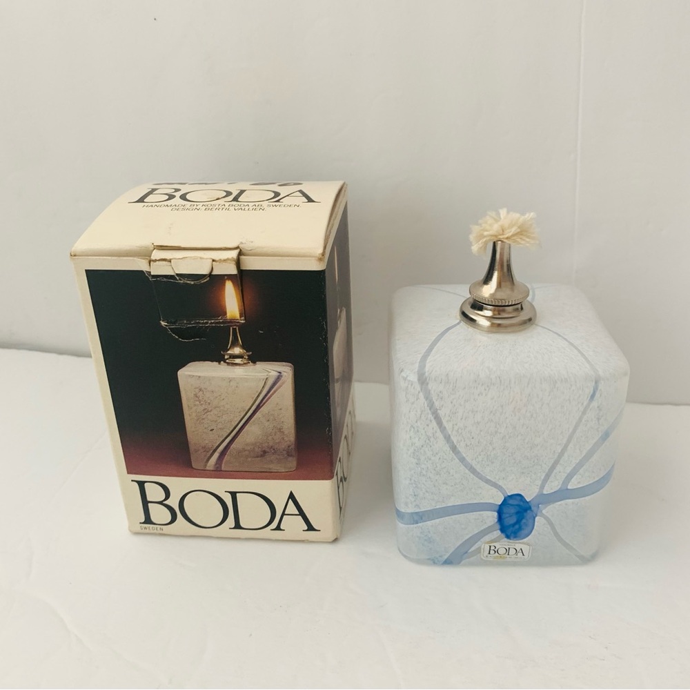 NWOB Vtg Kosta Boda Bertil Vallien Galaxy Pattern Blue White Cube Glass Oil Lamp